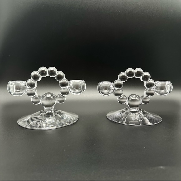 Vintage Double Light Candlestick Holders Candlewick Clear Blown Glass a Pair - Picture 4 of 5